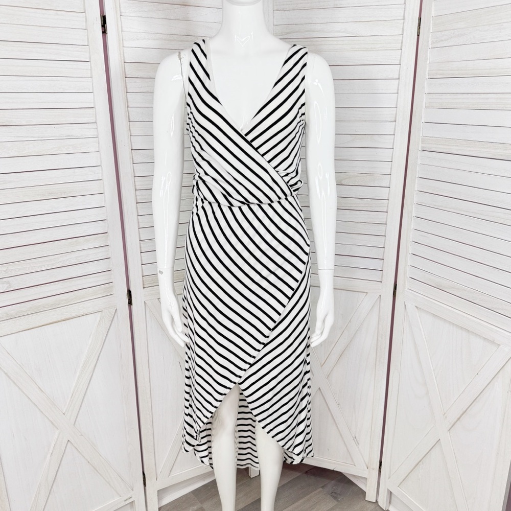 Y2K Bebe Striped Faux Wrap High Low Maxi Dress Sundress White Black Small